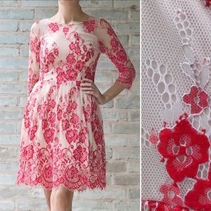 Soieblu Lace Dress Scalloped Floral Embroidery Red Sheer Illusion Nude Fit Flare